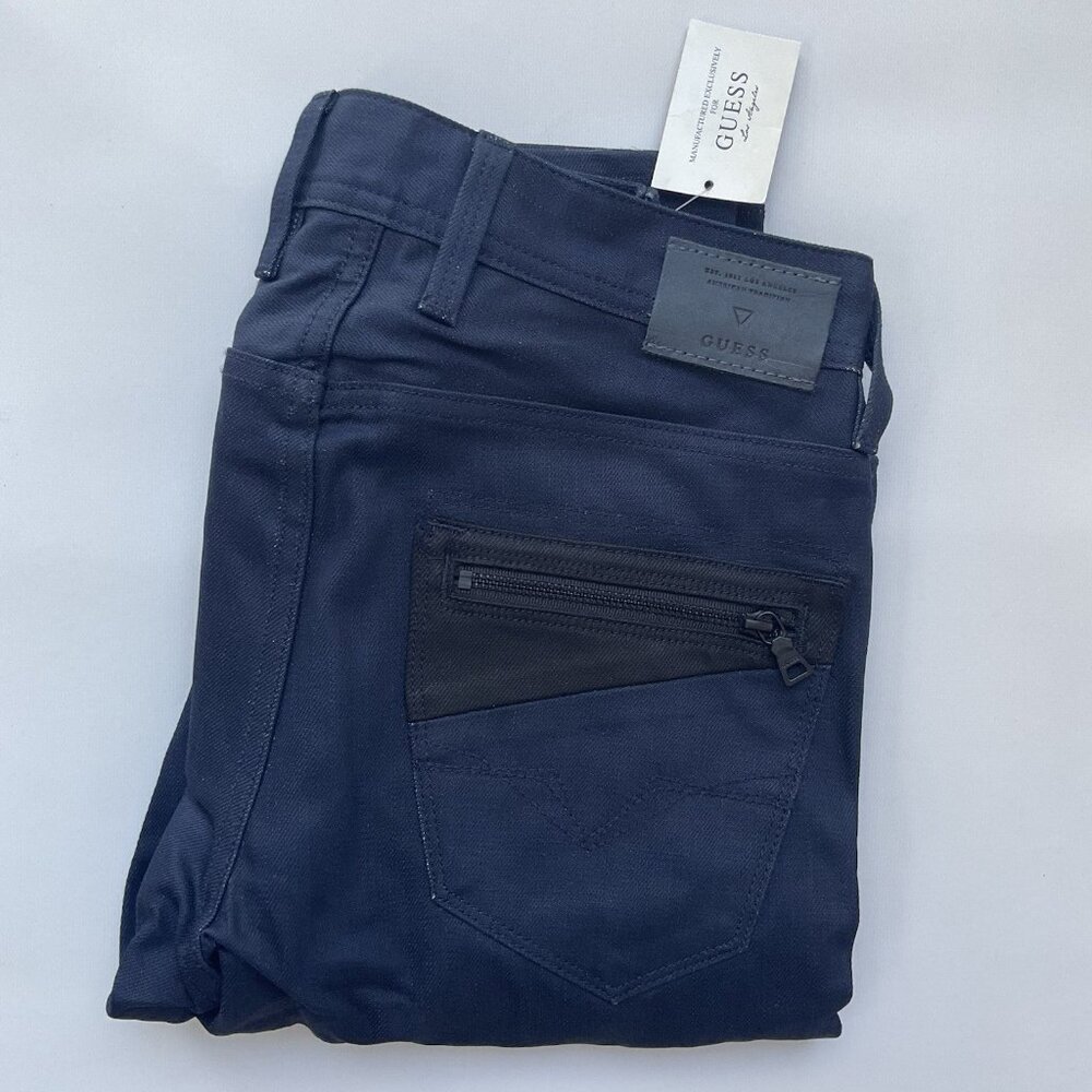 Guess Men's Slim Tapered Moto Zip Blue Coated Jeans Paneled Contrasting Size 28